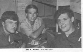 CIC Officer, Ensign W. Waters with OS2 John "Mushy" Callahan (right) and OS2 Richard Crutchley